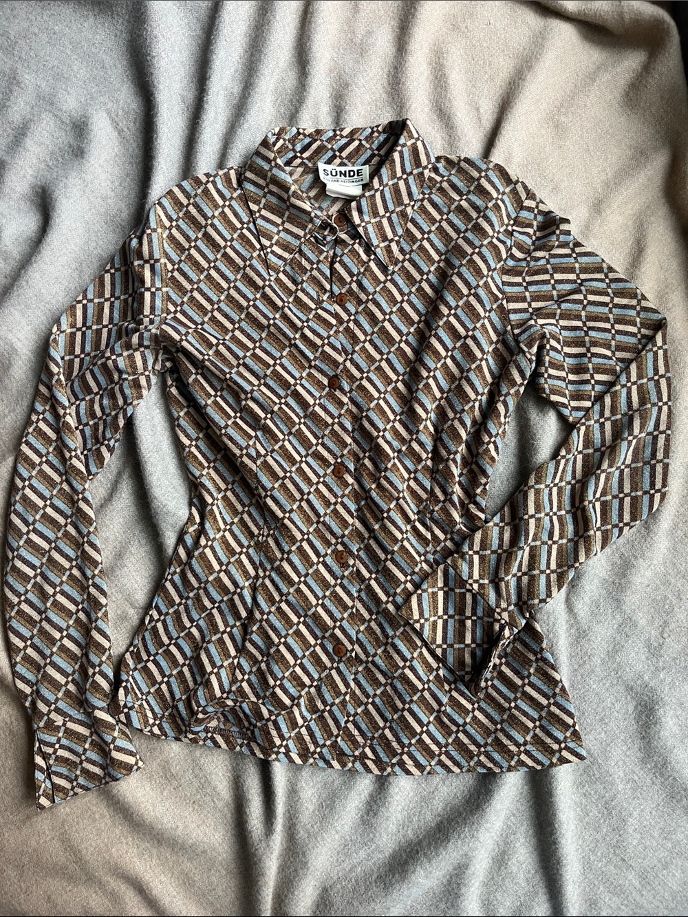 Sunde Geometric Button Down in Brown & Blue Size Large